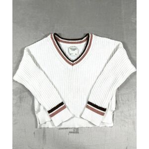Abercrombie & Fitch Chunky Knit Easy Tipped V-Neck Sweater White Womens Sz Small